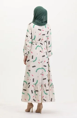 Büyük Beden Desenli Keten Elbise 91817-01 Krem Yeşil