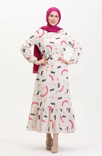 Büyük Beden Desenli Keten Elbise 91817-02 Krem Fuşya