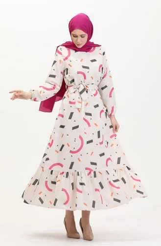 Büyük Beden Desenli Keten Elbise 91817-02 Krem Fuşya