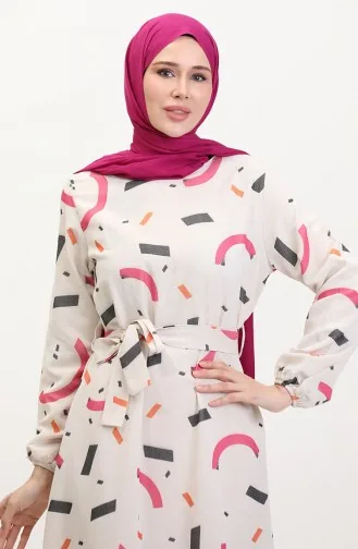 Büyük Beden Desenli Keten Elbise 91817-02 Krem Fuşya