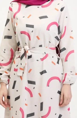 Büyük Beden Desenli Keten Elbise 91817-02 Krem Fuşya