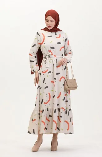 Büyük Beden Desenli Keten Elbise 91817-03 Krem Kiremit