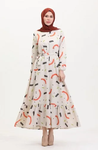 Büyük Beden Desenli Keten Elbise 91817-03 Krem Kiremit