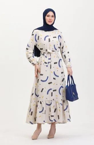 Büyük Beden Desenli Keten Elbise 91817-04 Krem İndigo