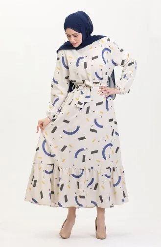Büyük Beden Desenli Keten Elbise 91817-04 Krem İndigo