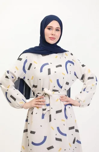 Büyük Beden Desenli Keten Elbise 91817-04 Krem İndigo