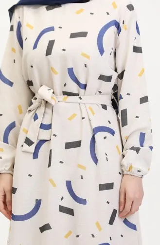 Büyük Beden Desenli Keten Elbise 91817-04 Krem İndigo