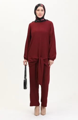 Önden Bağlamalı Tunik Pantolon İkili Takım 7680-02 Bordo
