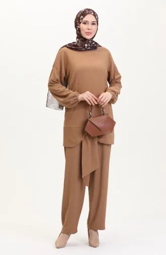 Önden Bağlamalı Tunik Pantolon İkili Takım 7680-03 Sütlü kahve