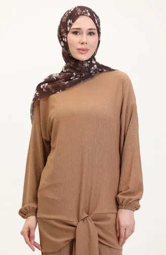 Önden Bağlamalı Tunik Pantolon İkili Takım 7680-03 Sütlü kahve