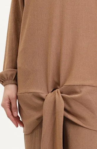 Önden Bağlamalı Tunik Pantolon İkili Takım 7680-03 Sütlü kahve