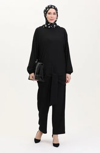 Önden Bağlamalı Tunik Pantolon İkili Takım 7680-06 Siyah