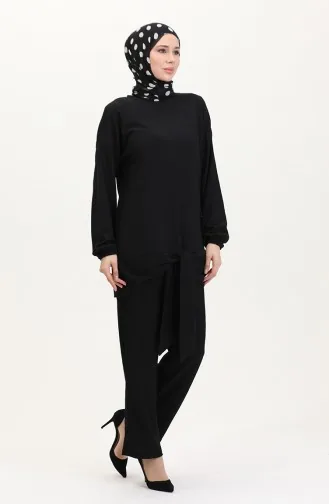 Önden Bağlamalı Tunik Pantolon İkili Takım 7680-06 Siyah