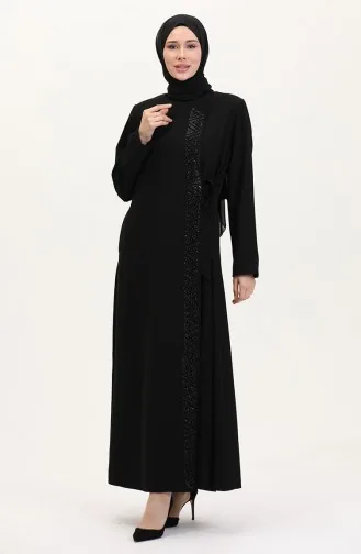Büyük Beden Yandan Bağlamalı Taşlı Ferace 5075-01 Siyah