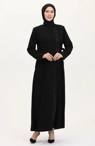 Büyük Beden Yandan Bağlamalı Taşlı Ferace 5075-01 Siyah