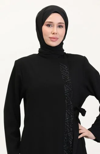 Büyük Beden Yandan Bağlamalı Taşlı Ferace 5075-01 Siyah