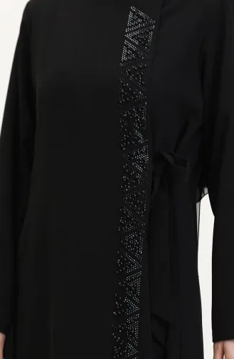 Büyük Beden Yandan Bağlamalı Taşlı Ferace 5075-01 Siyah