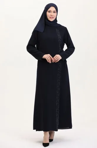 Übergröße Abaya Mit Seitlicher Schleife Und Steinen 5075-02 Dunkelblau 5075-02