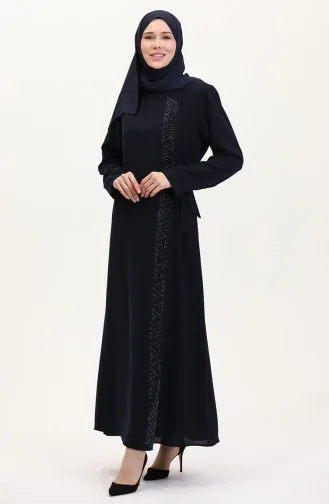 Übergröße Abaya Mit Seitlicher Schleife Und Steinen 5075-02 Dunkelblau 5075-02