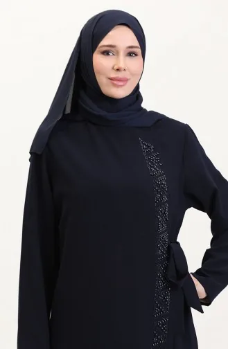 Übergröße Abaya Mit Seitlicher Schleife Und Steinen 5075-02 Dunkelblau 5075-02
