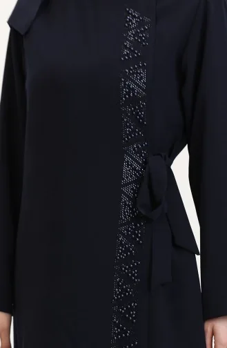 Übergröße Abaya Mit Seitlicher Schleife Und Steinen 5075-02 Dunkelblau 5075-02
