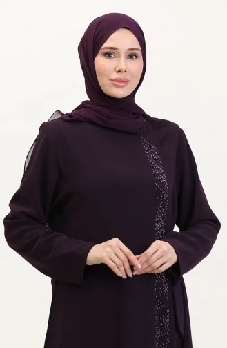 Übergröße Abaya Mit Seitlicher Schleife Und Steinen 5075-04 Pflaume 5075-04