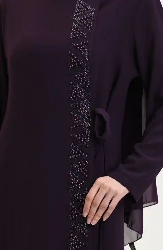 Übergröße Abaya Mit Seitlicher Schleife Und Steinen 5075-04 Pflaume 5075-04
