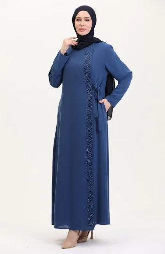 Abaya Lapidée Grande Taille à Nouer Sur Le Côté 5075-08 Indigo 5075-08