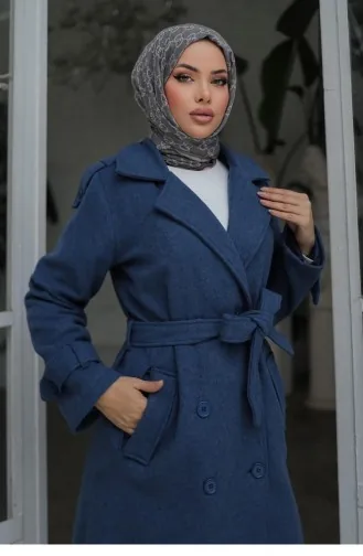 Epaulette Detailed Cashmere Coat Indigo 649