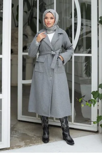 Kapak Detaylı Kaşe Kaban Gri