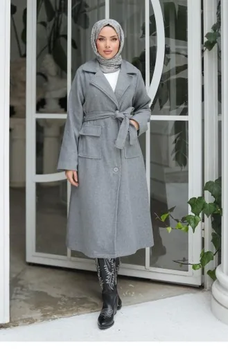 Kapak Detaylı Kaşe Kaban Gri