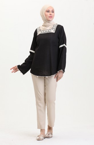 Şile Bezi Dantelli Bluz 0017-01 Siyah
