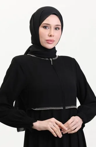 Büyük Beden Nakışlı Ferace 5076-01 Siyah