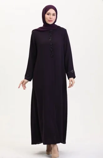 Large Size Stone Embroidered Abaya 5077-04 Plum 5077-04