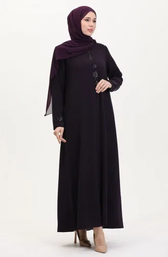 Large Size Stone Embroidered Abaya 5077-04 Plum 5077-04