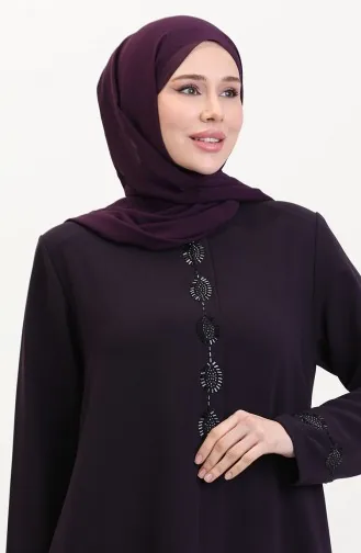 Large Size Stone Embroidered Abaya 5077-04 Plum 5077-04