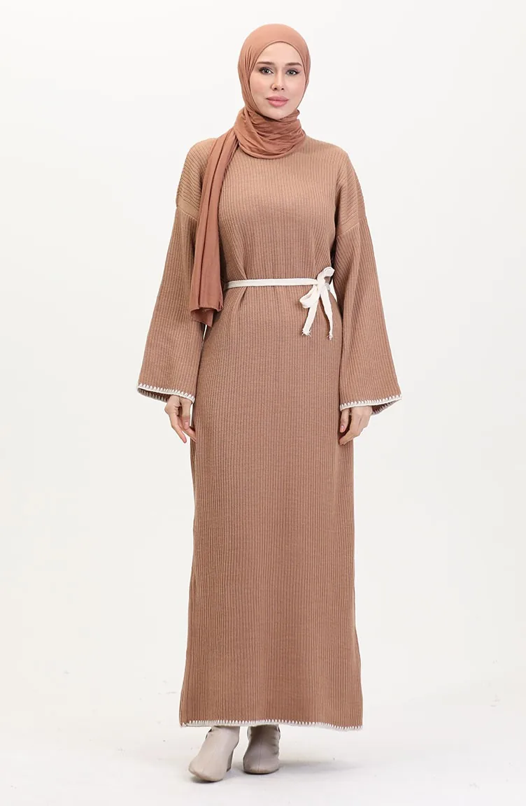 Robe En Tricot Brodée Et Détaillée 11040-02 Vison 11040-02