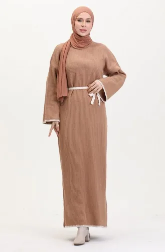 Robe En Tricot Brodée Et Détaillée 11040-02 Vison 11040-02
