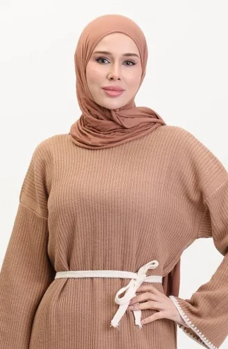 Robe En Tricot Brodée Et Détaillée 11040-02 Vison 11040-02