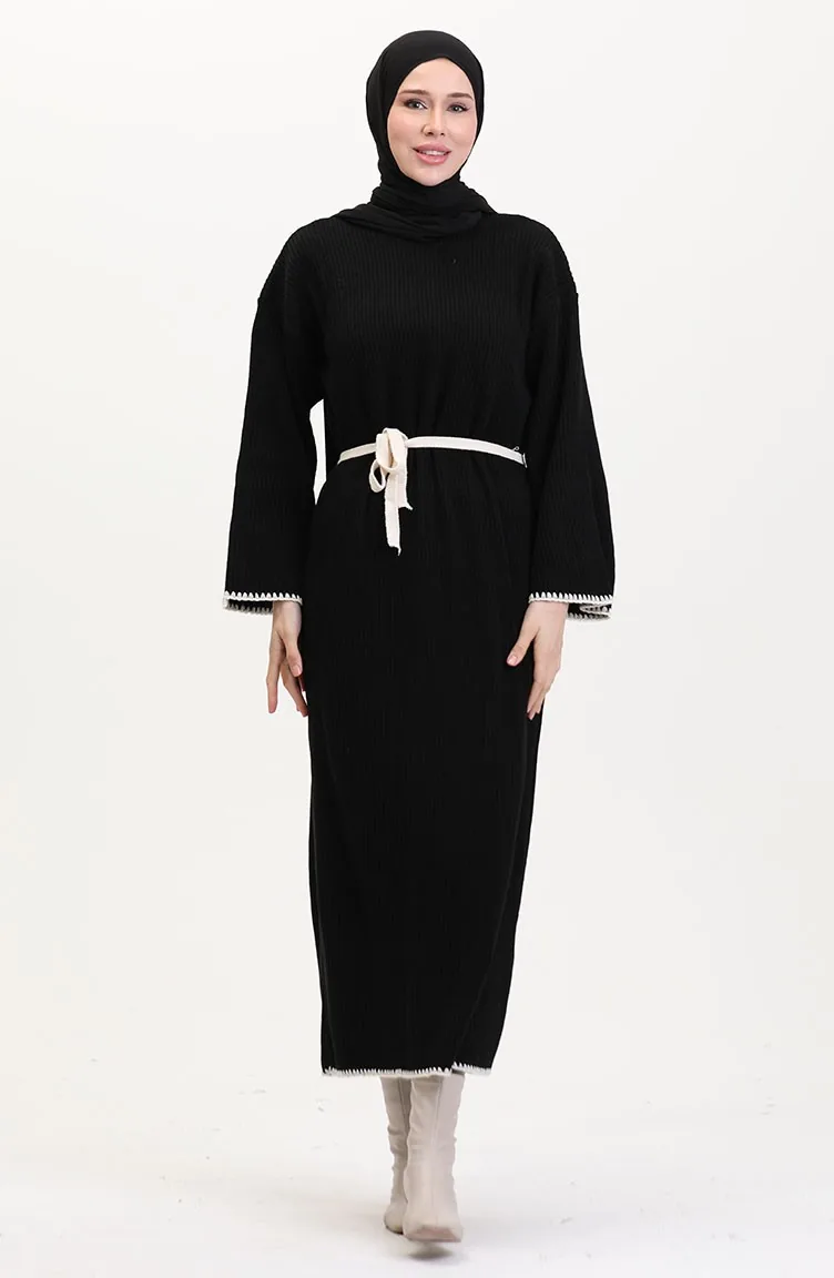 Robe En Tricot Brodée Et Détaillée 11040-05 Noir 11040-05