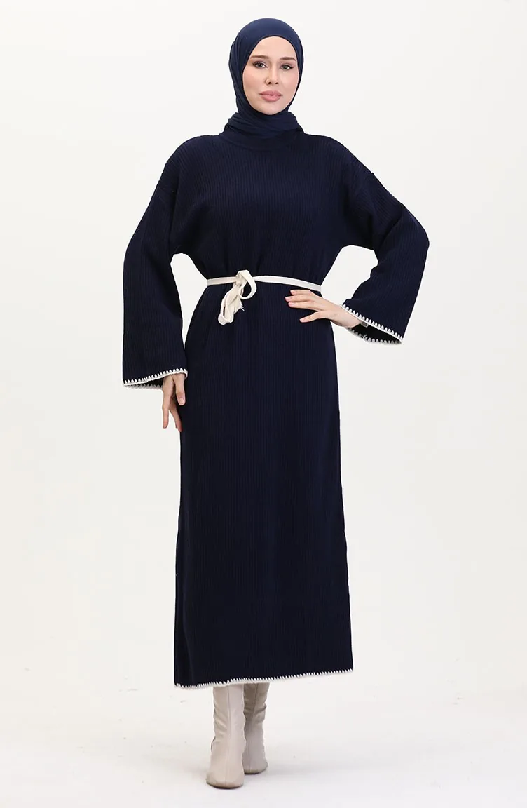 Robe En Tricot Brodée Et Détaillée 11040-06 Bleu Marine 11040-06