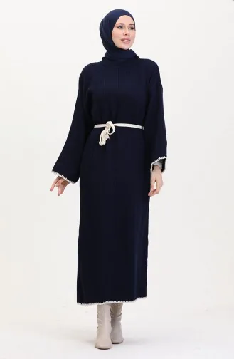 Robe En Tricot Brodée Et Détaillée 11040-06 Bleu Marine 11040-06