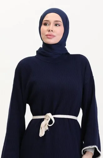 Robe En Tricot Brodée Et Détaillée 11040-06 Bleu Marine 11040-06