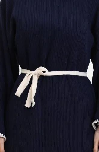 Robe En Tricot Brodée Et Détaillée 11040-06 Bleu Marine 11040-06