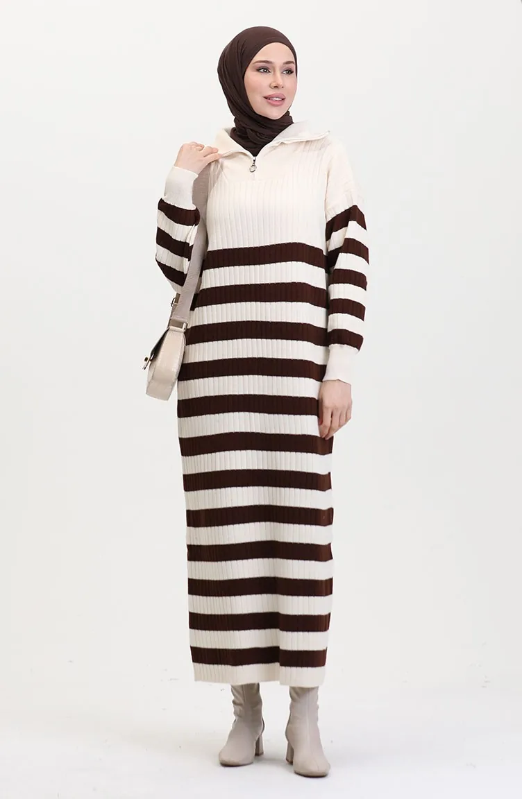 Robe En Maille Côtelée à Rayures 11042-05 Beige 11042-05