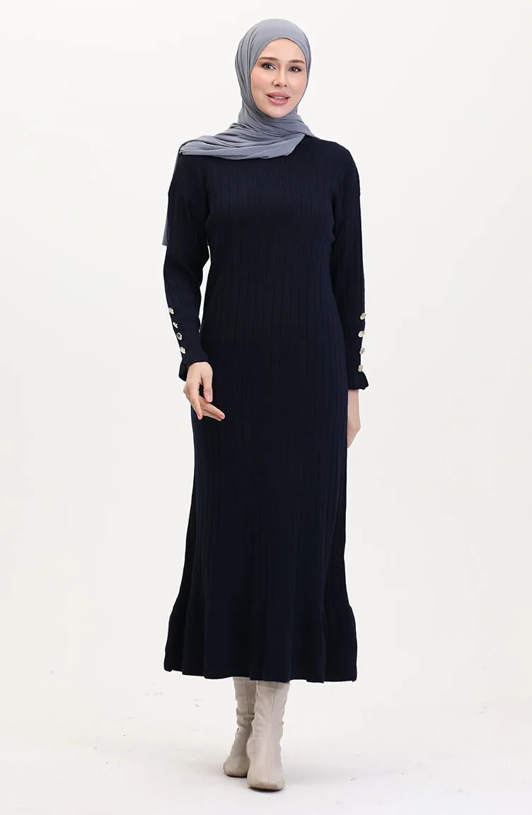 Fırfırlı Triko Elbise 23009-10 Lacivert