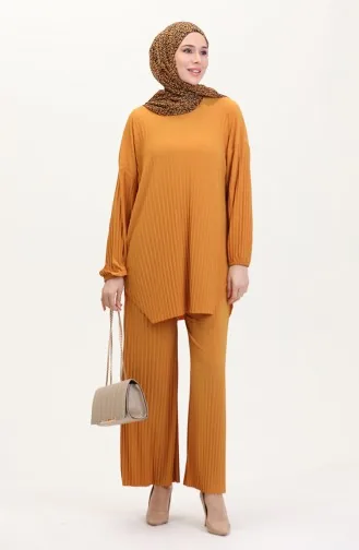 طقم تونيك وبنطلون من قماش ساندي مطوي من قطعتين 0004-02 لون خردلي 0004-02