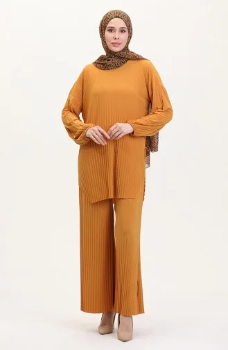 طقم تونيك وبنطلون من قماش ساندي مطوي من قطعتين 0004-02 لون خردلي 0004-02