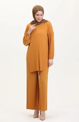 طقم تونيك وبنطلون من قماش ساندي مطوي من قطعتين 0004-02 لون خردلي 0004-02