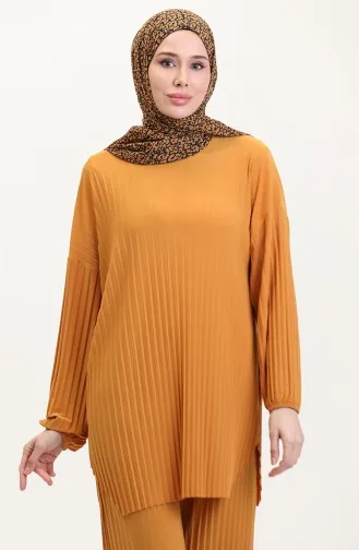 طقم تونيك وبنطلون من قماش ساندي مطوي من قطعتين 0004-02 لون خردلي 0004-02